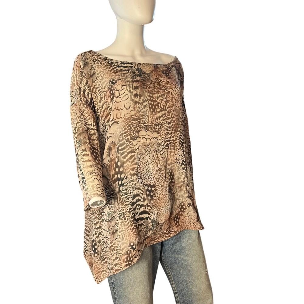 rag & bone 100% Silk Oversized Neutral Feather Bird Print Blouse Small